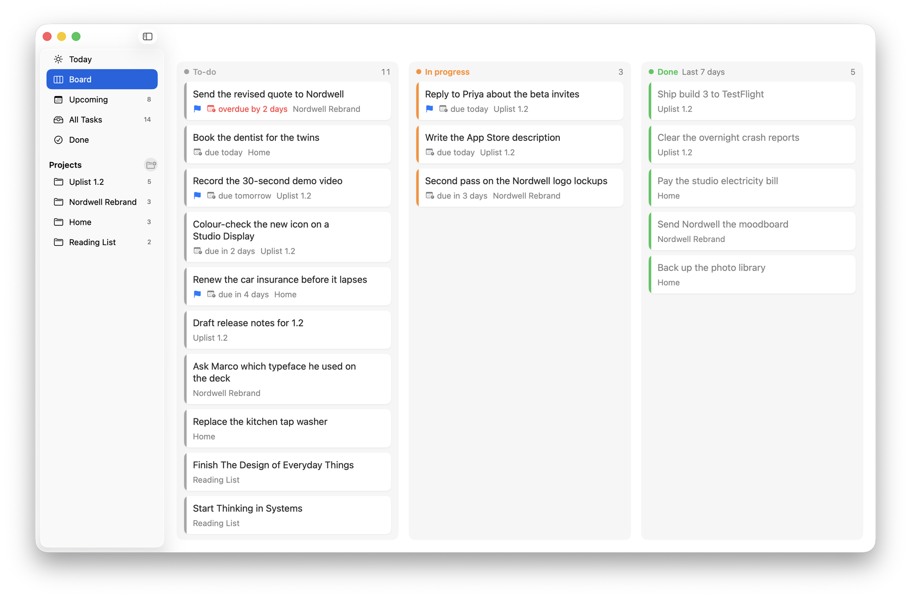The Uplist board, with To-do, In progress and Done columns