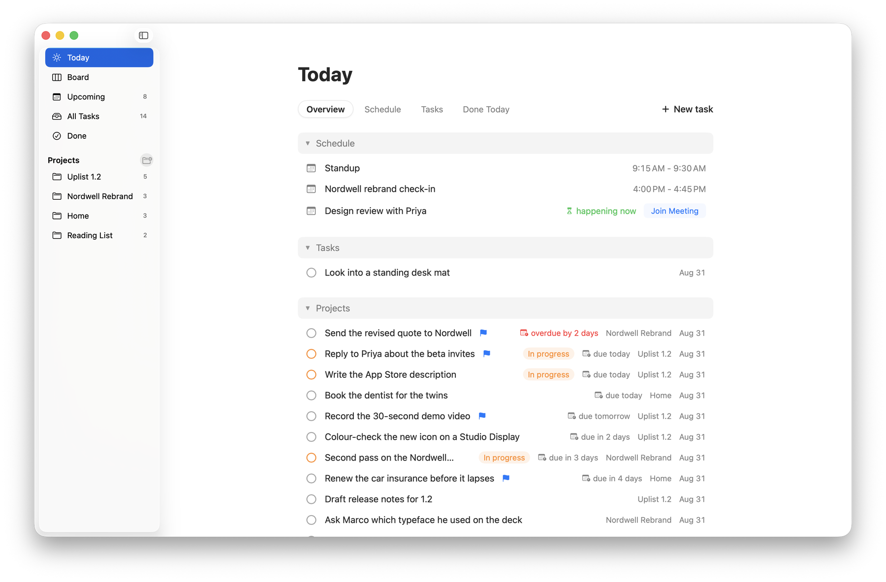 The Today view showing a schedule, tasks and project items